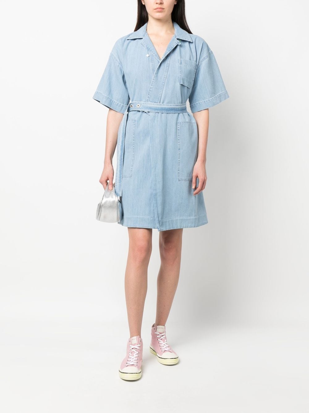 Shop Kenzo Tied-waist Denim Wrap Dress In Blau