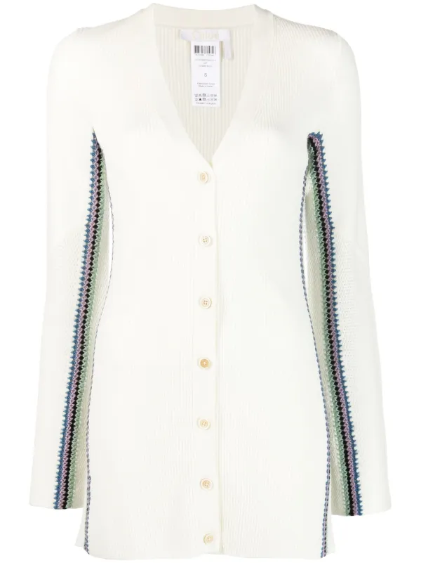 Chloe stripe detail Long Wool Cardigan White FARFETCH PH