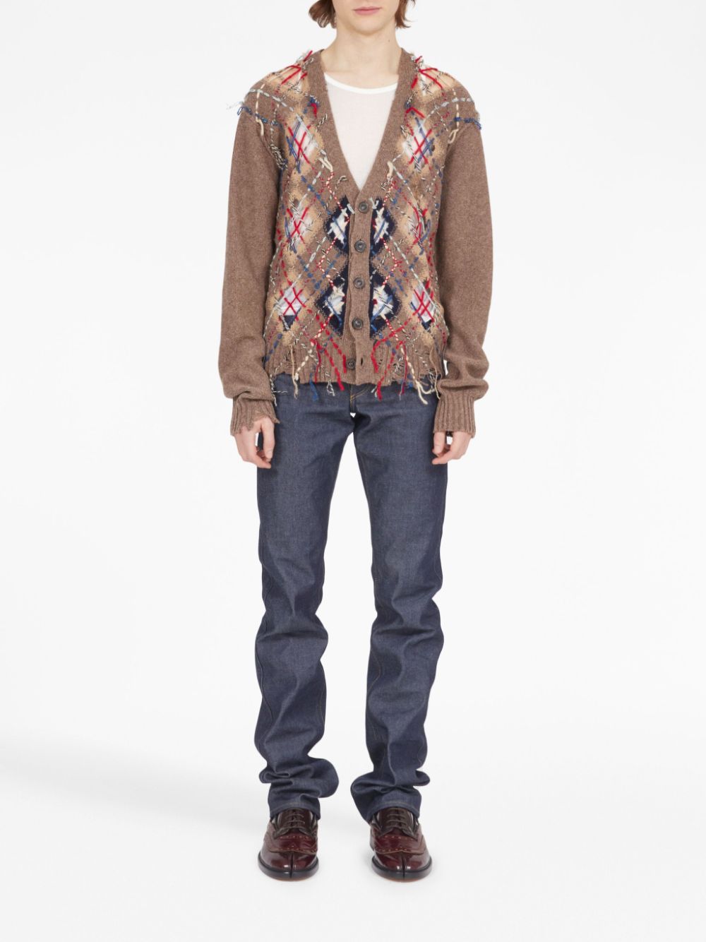 Maison Margiela decorative-stitching patterned-intarsia cardigan - Bruin