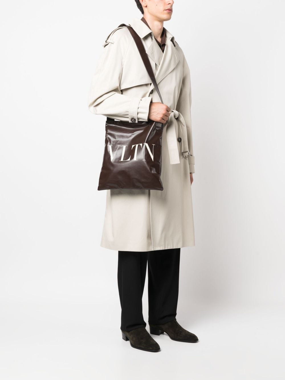 Shop Valentino Vltn Logo-print Shoulder Bag In Brown