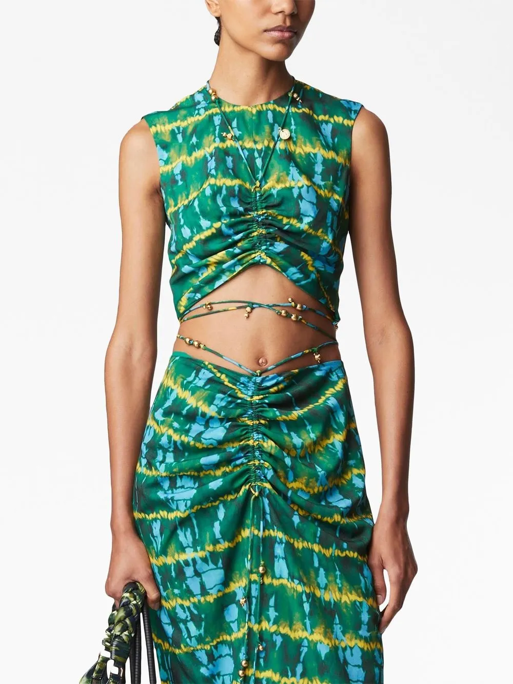 Altuzarra Ayana Cropped Embellished Ruched Tie-dyed Crepe De Chine Top In Grün
