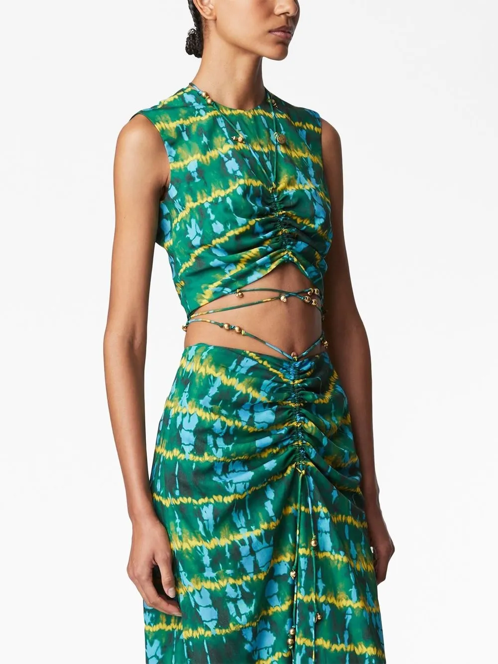 Altuzarra Ayana Cropped Embellished Ruched Tie-dyed Crepe De Chine Top In Grün
