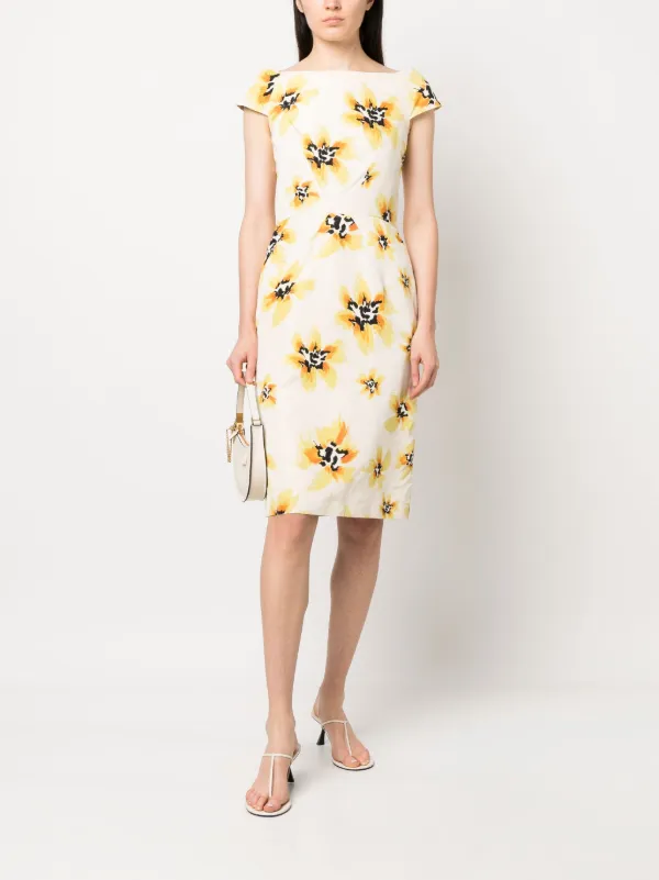 Christian Dior Pre Owned 2010s floral boat neck silk dress women Silk Silk 38 Neutrals