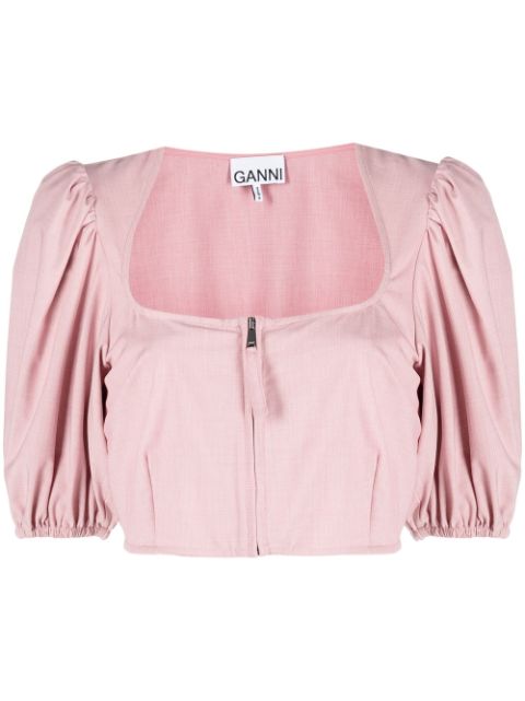 GANNI cropped puff-sleeve blouse Women