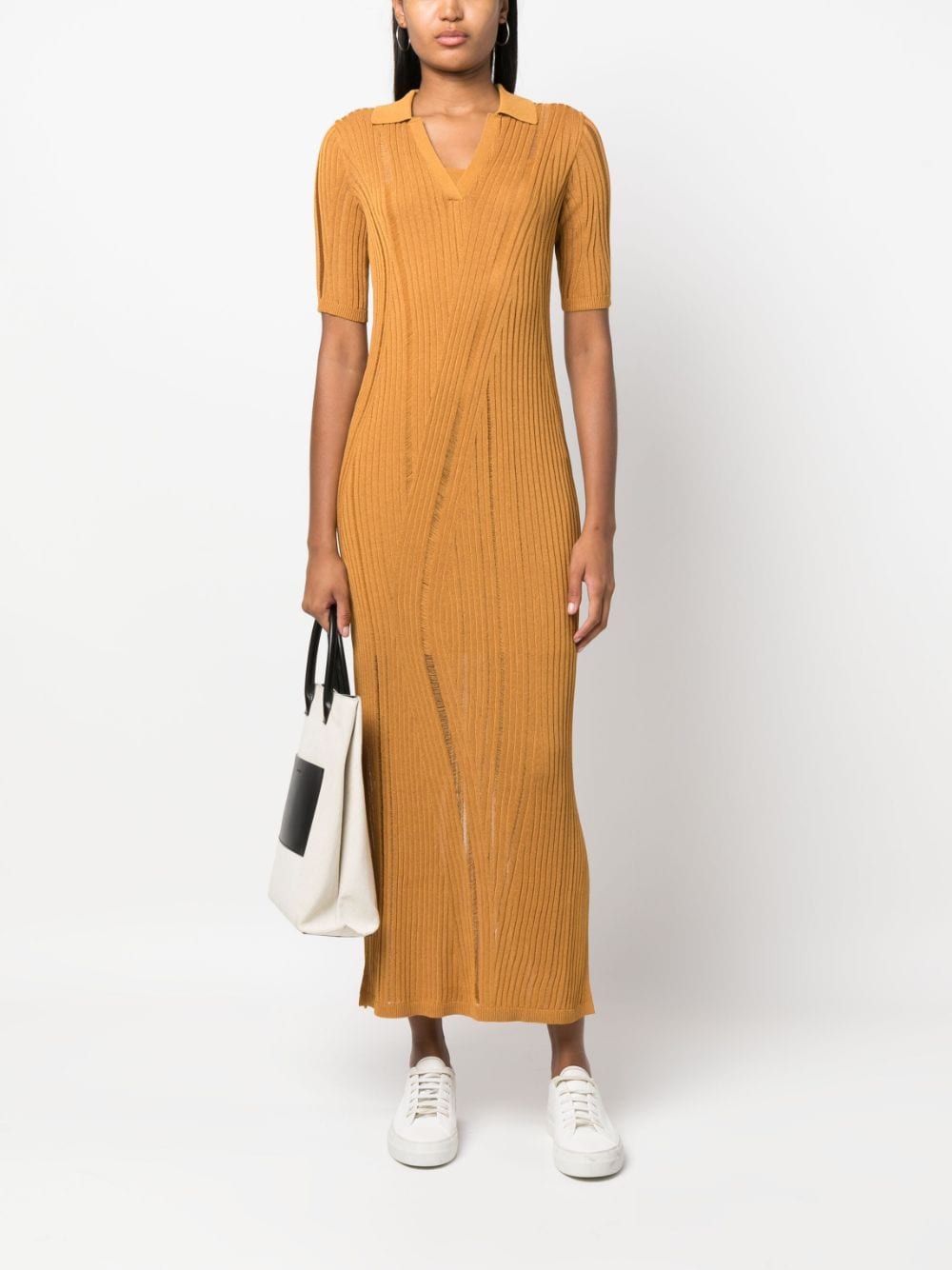 Shop Calvin Klein Ribbed-knit V-neck Dress In Orange