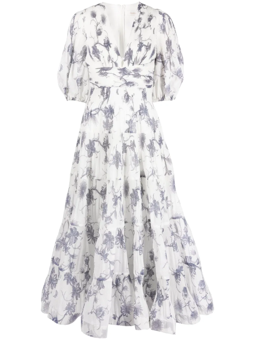 Zimmermann Pleated Floral Print Voile Midi Dress In White Modesens