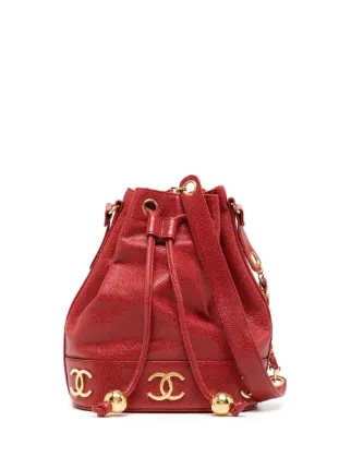 VINTAGE CHANEL BACKPACK BUCKET BAG IN DENIM & RED LEATHER LOGO CC