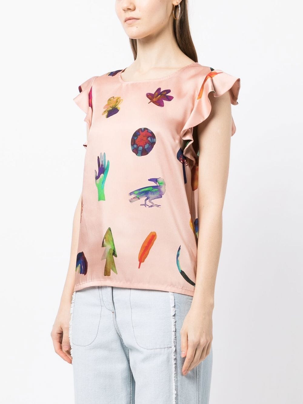 Shop Ps By Paul Smith Ruffle-sleeve Graphic-print T-shirt In Pink