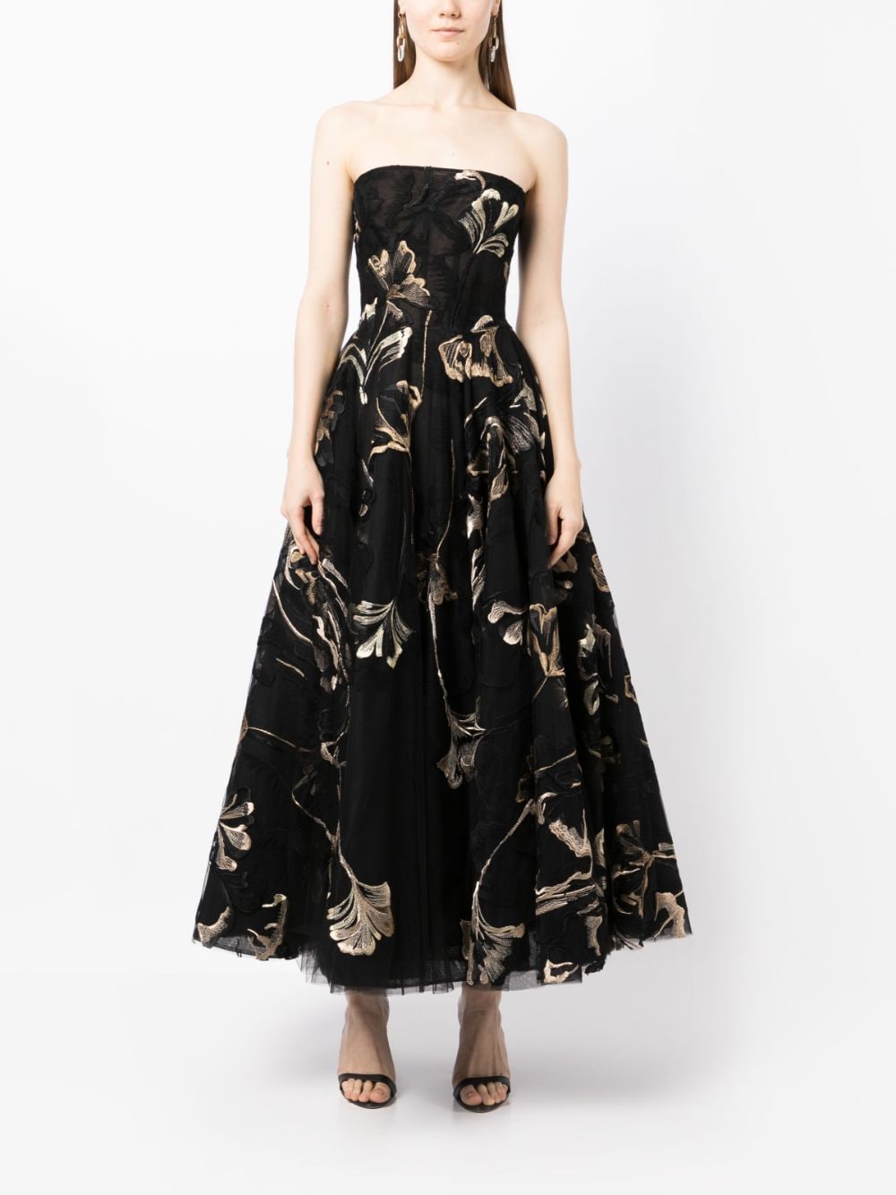 Shop Saiid Kobeisy Floral-embroidered Strapless Midi Dress In Black