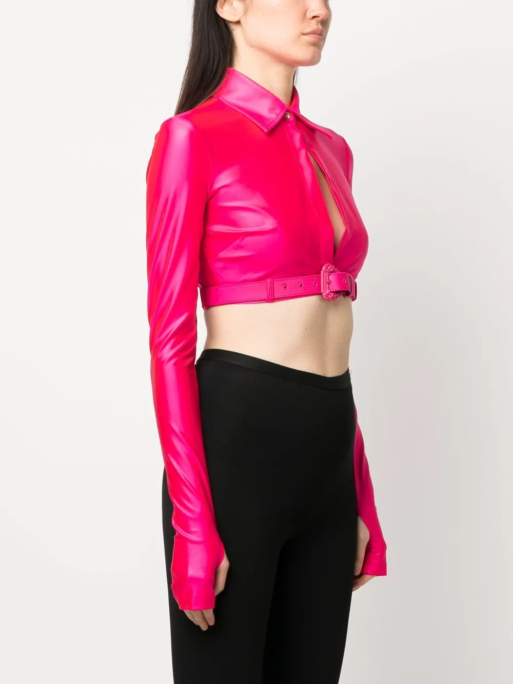 Versace Jeans Couture Baroque Buckle Crop Shirt In Pink