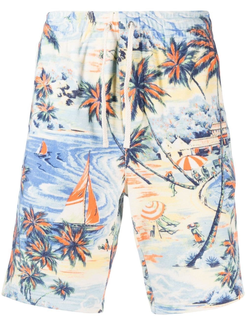 Shop Polo Ralph Lauren Palm-tree Cotton-blend Track Shorts In Blau
