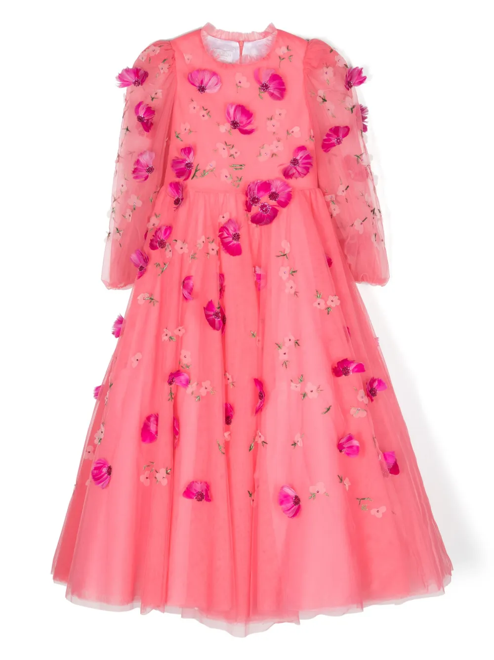 Marchesa Couture Kids' Girls Coral Pink Tulle Floral Dress