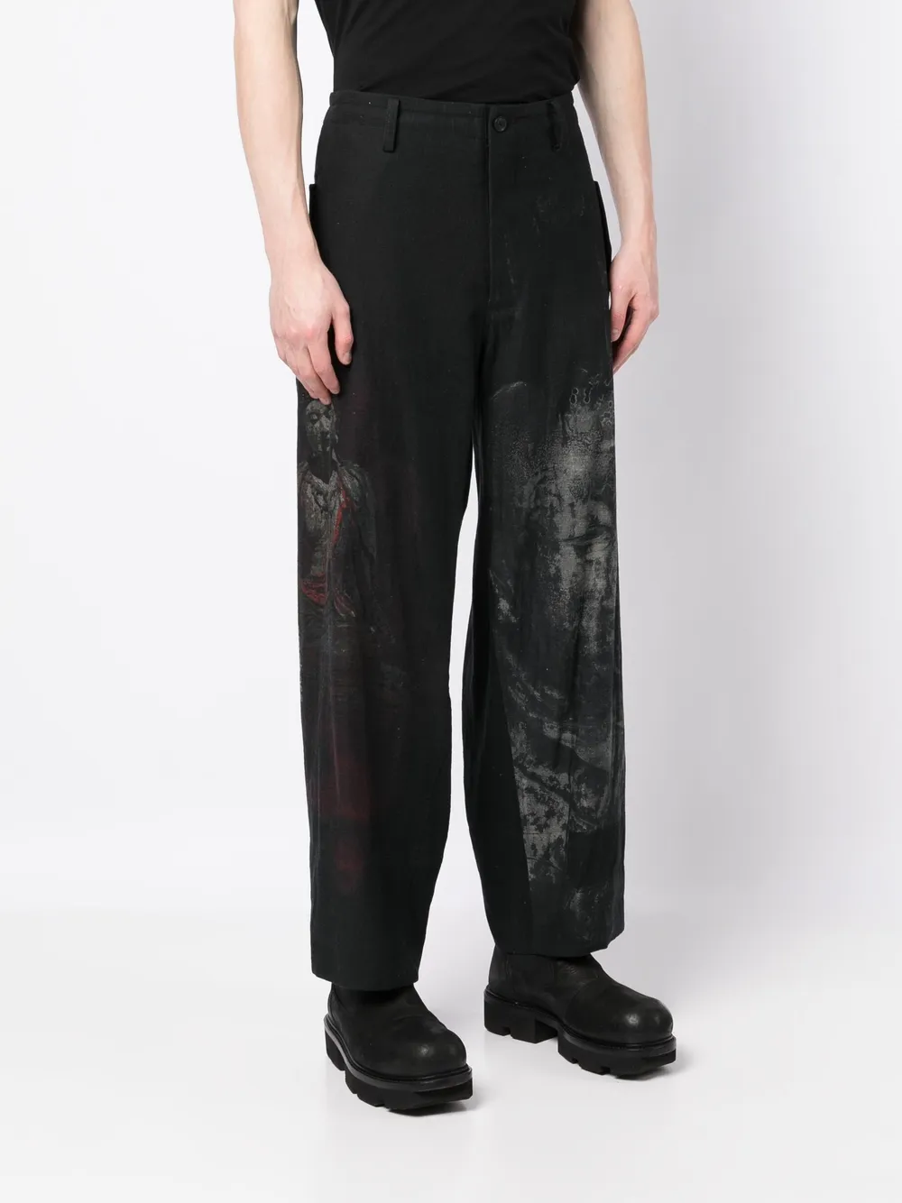 Shop Yohji Yamamoto Graphic-print Wide-leg Trousers In Black