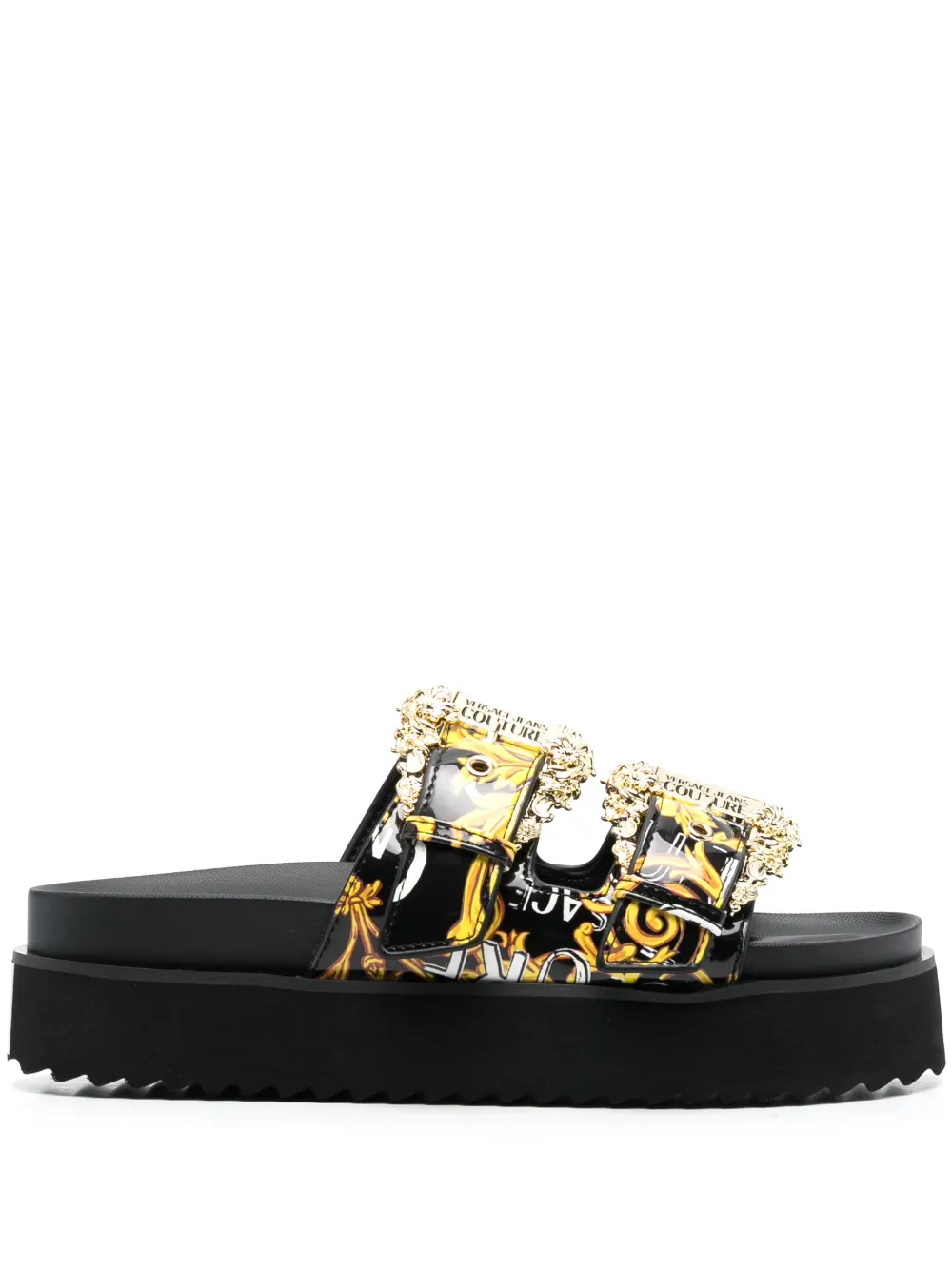 Versace Jeans Couture baroque-pattern double-buckle slides - Black