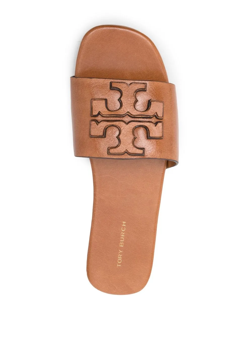 Shop Tory Burch Embossed-logo Leather Slides In Brown