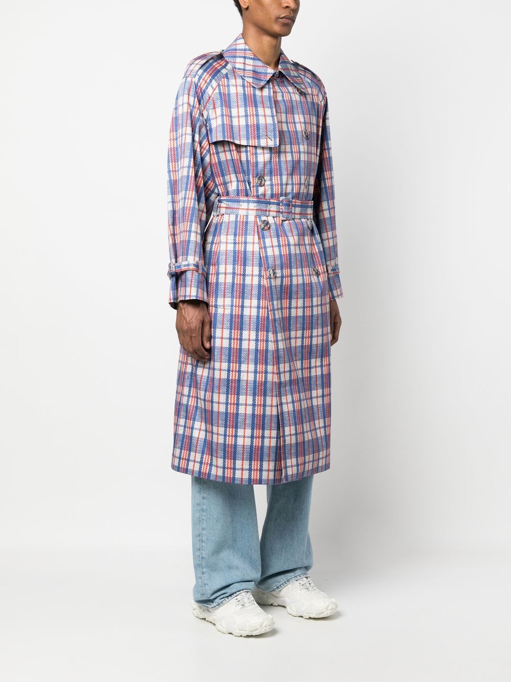 Shop Vetements Check-pattern Double-breasted Trench Coat In Blue