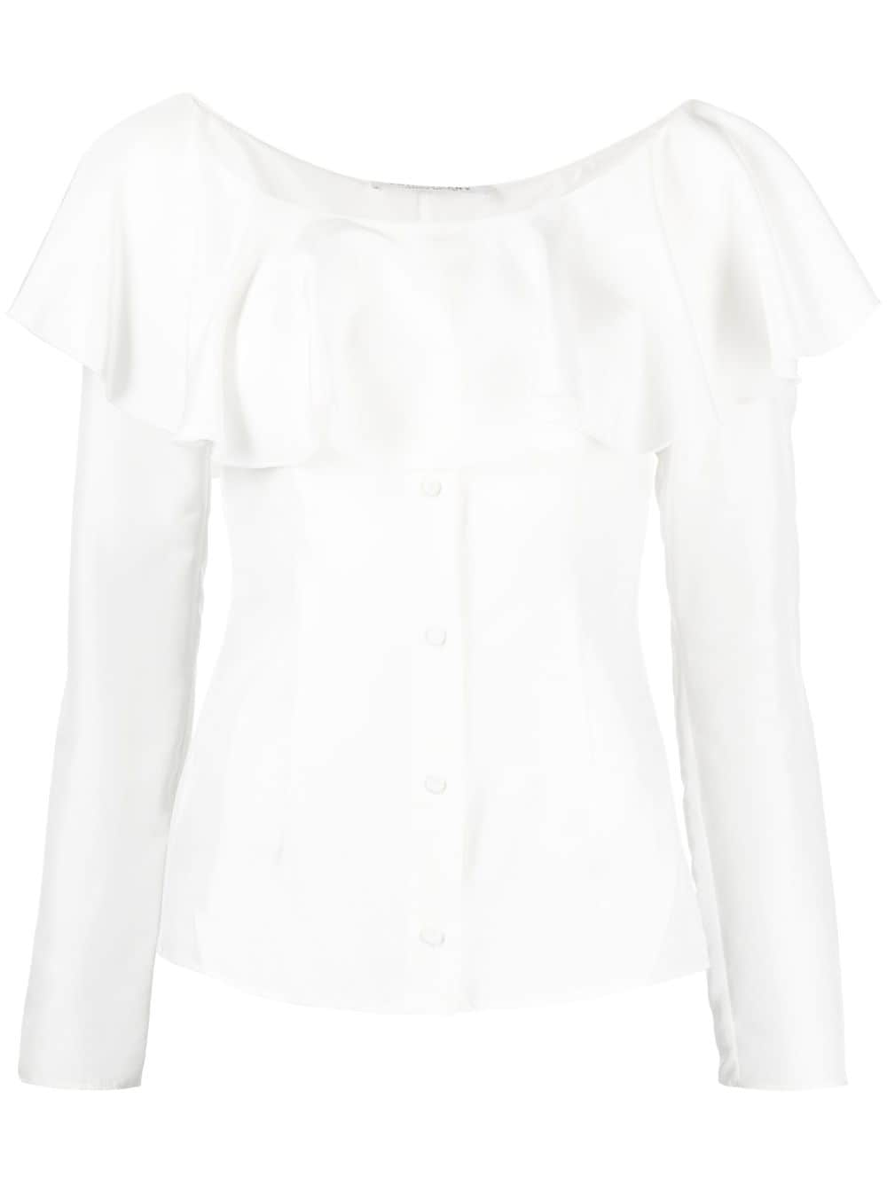 PHILOSOPHY DI LORENZO SERAFINI OFF SHOULDER FRILLED SILK BLOUSE