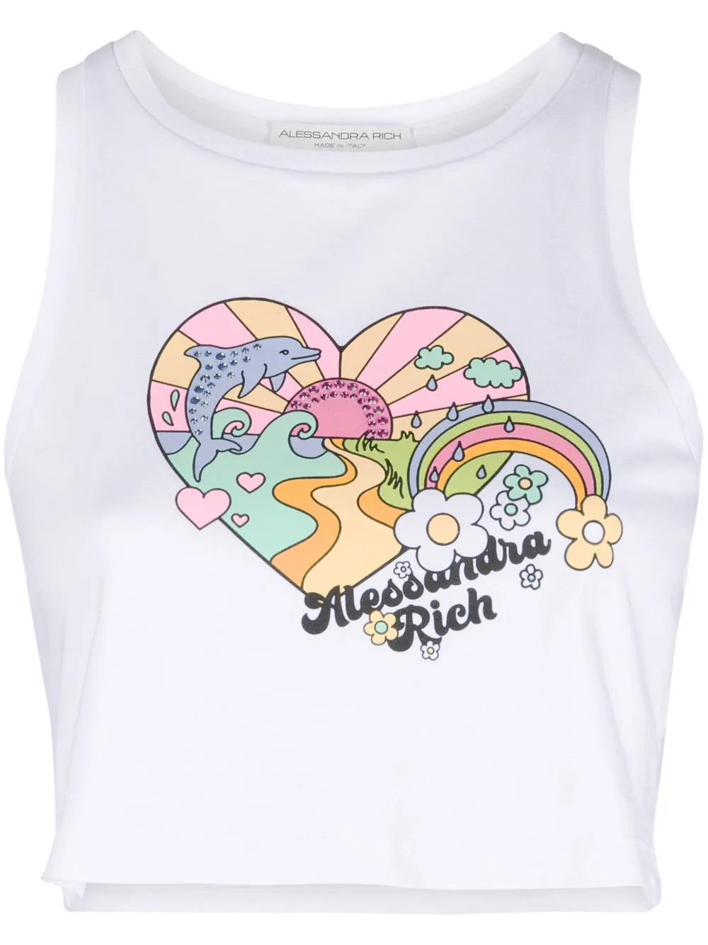 Alessandra Rich Cotton Top With Frontal Logo And Print In White