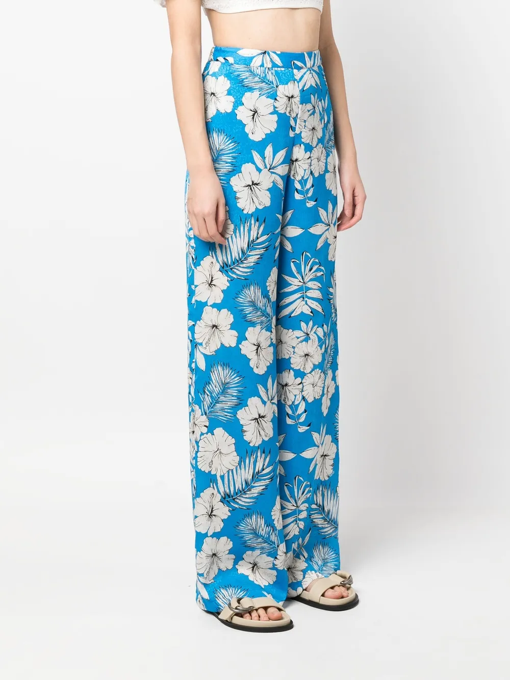 Shop Pinko Floral-print Wide-leg Trousers In Blau