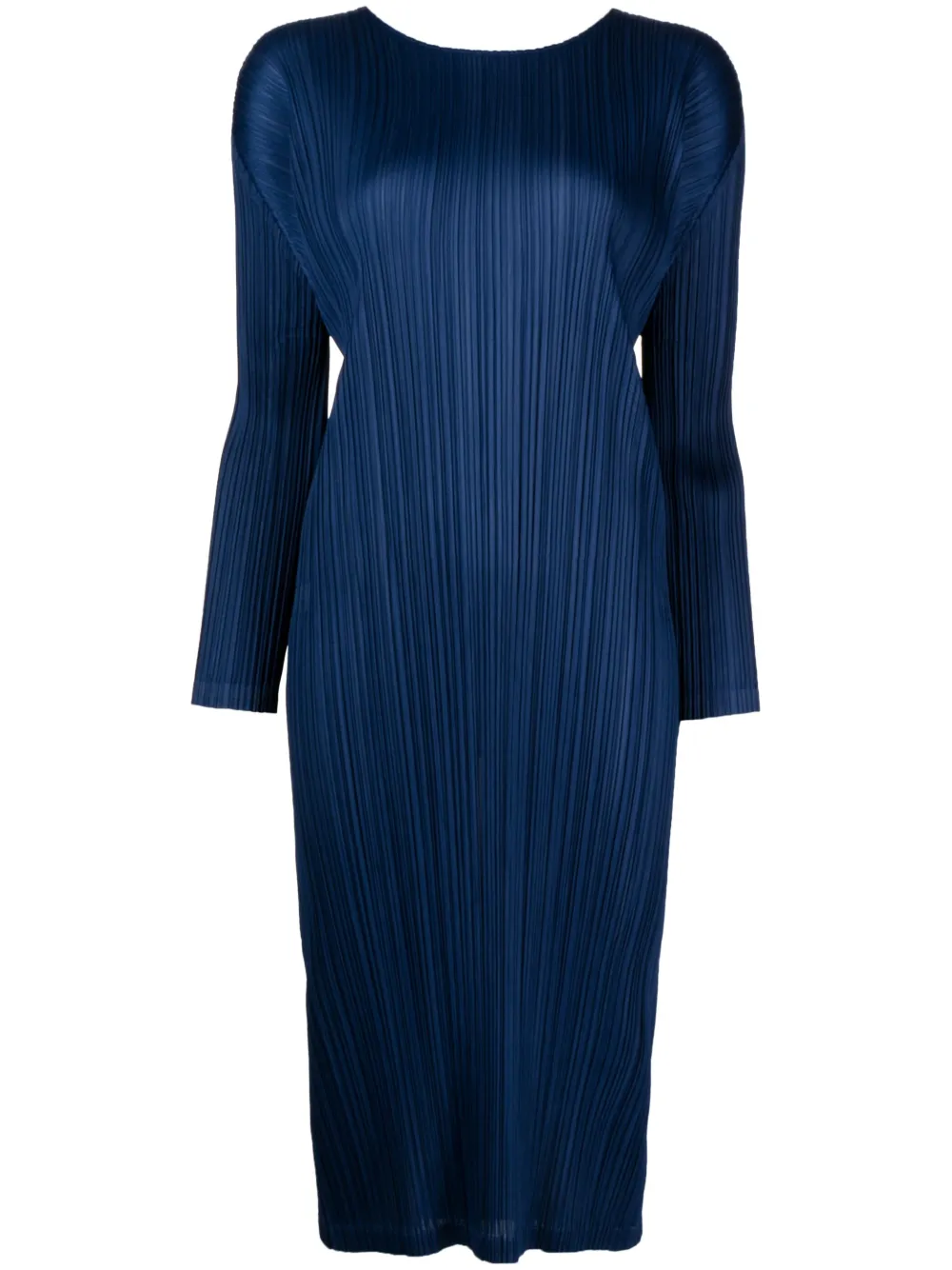 Issey Miyake Pleated Long Sleeve Midi Dress In Blau