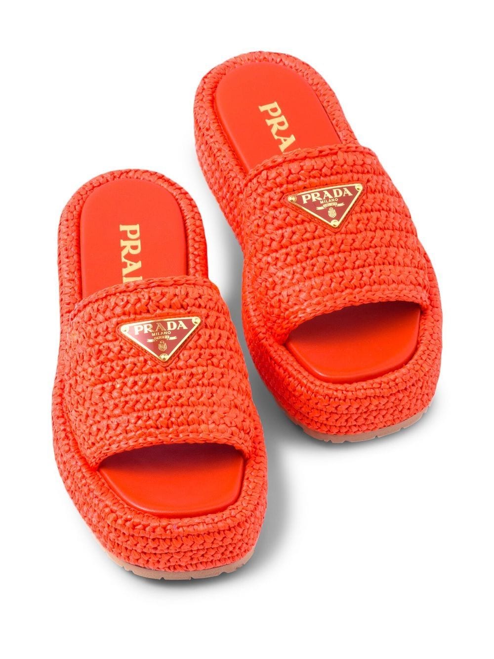 Shop Prada Logo-plaque Raffia Flatform Sandals In Orange