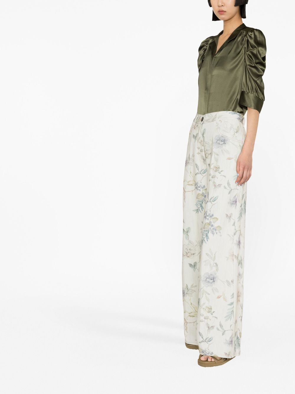 Shop Forte Forte Floral-print Wide Leg Jeans In Nude