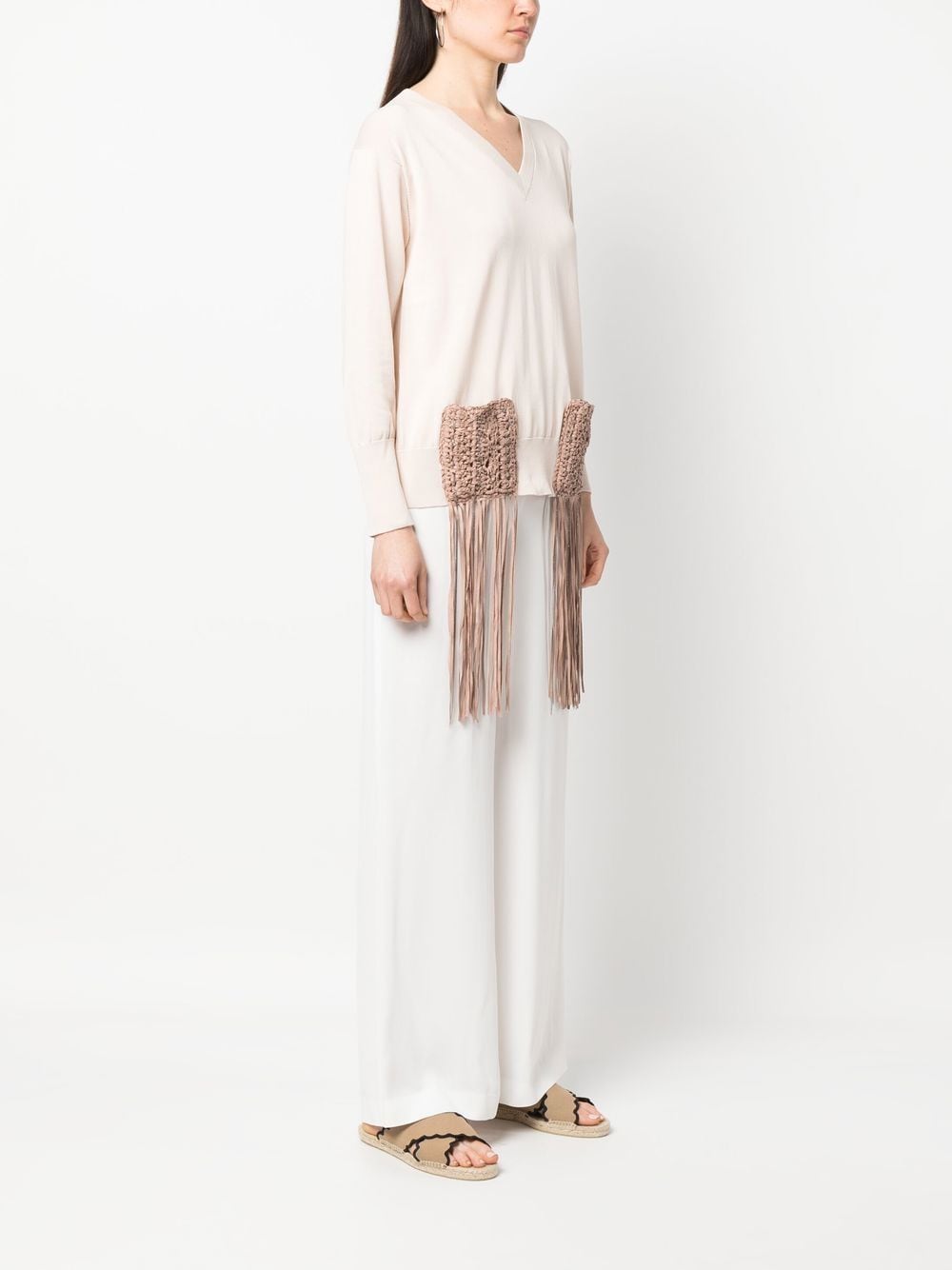 Shop Fabiana Filippi Fringe-detail Long-sleeve Knitted Top In Rosa