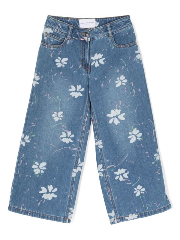 floral-print denim pants