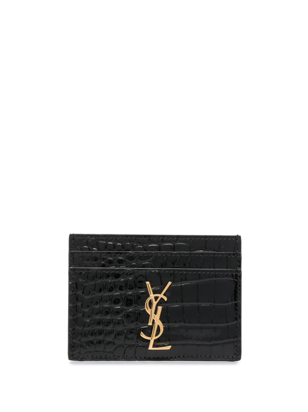 Croc Effect Leather Card Holder in Black - Saint Laurent