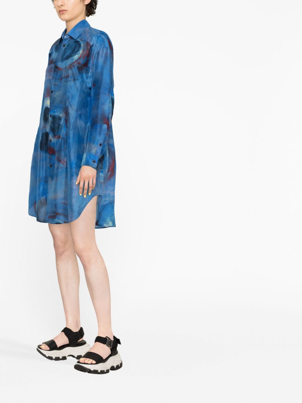 Shop Marni Illustration-style Print Silk Shirtdress In Blue