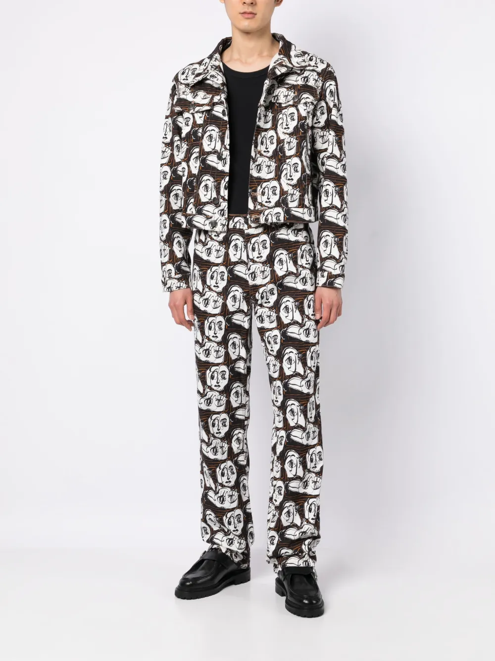 Shop Charles Jeffrey Loverboy Art Face-print Denim Jacket In Black