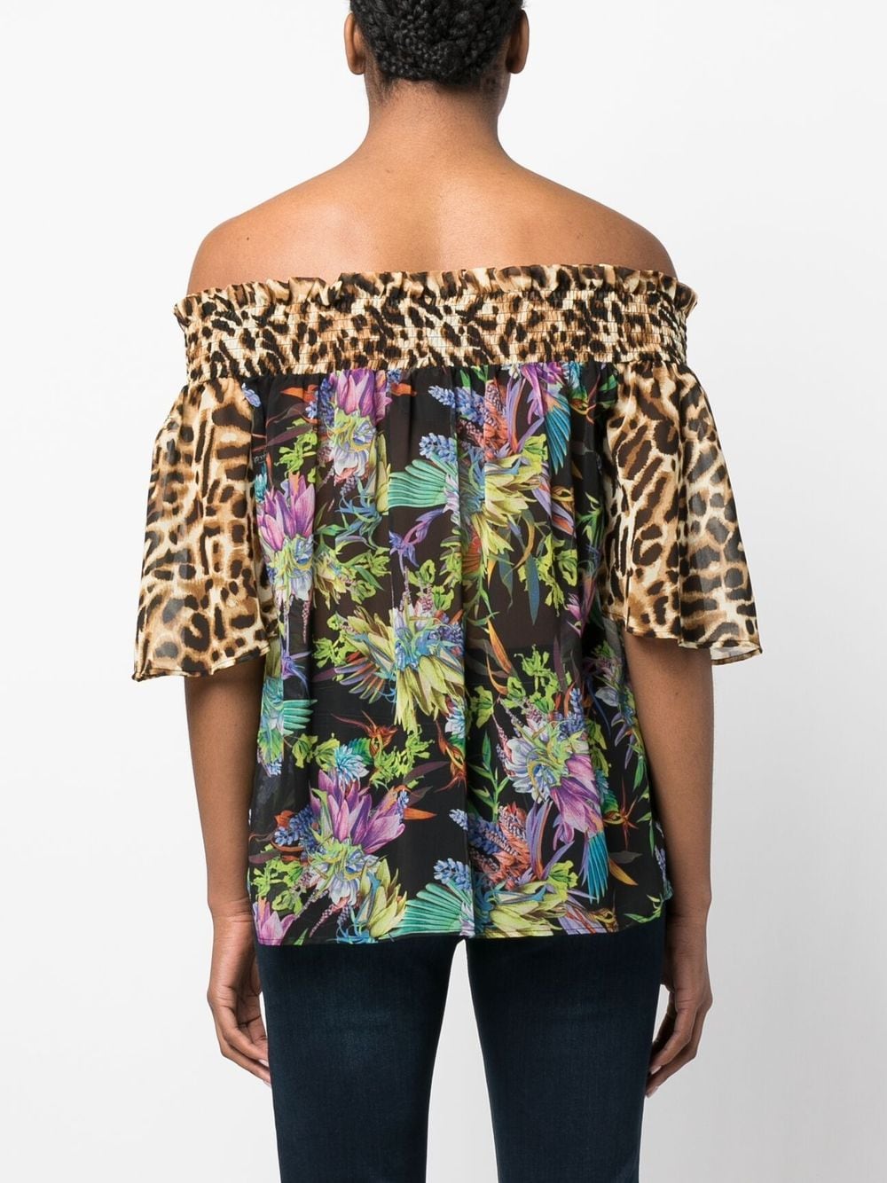 Shop Just Cavalli Mixed-print Off-shoulder Blouse In Braun