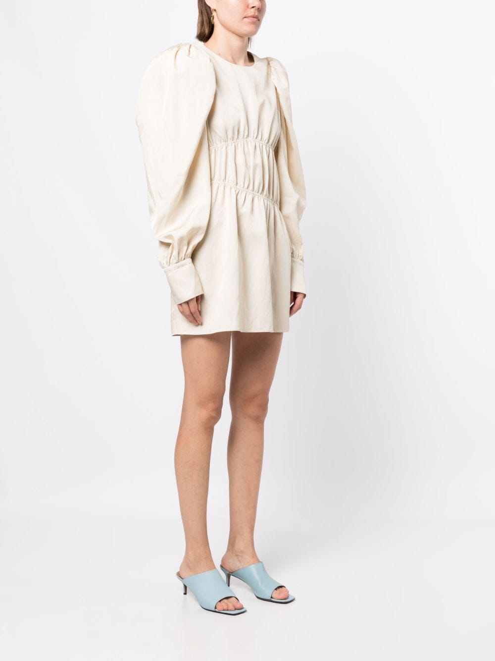 Shop Goen J Puffed-sleeves Ruched Dress In Neutrals