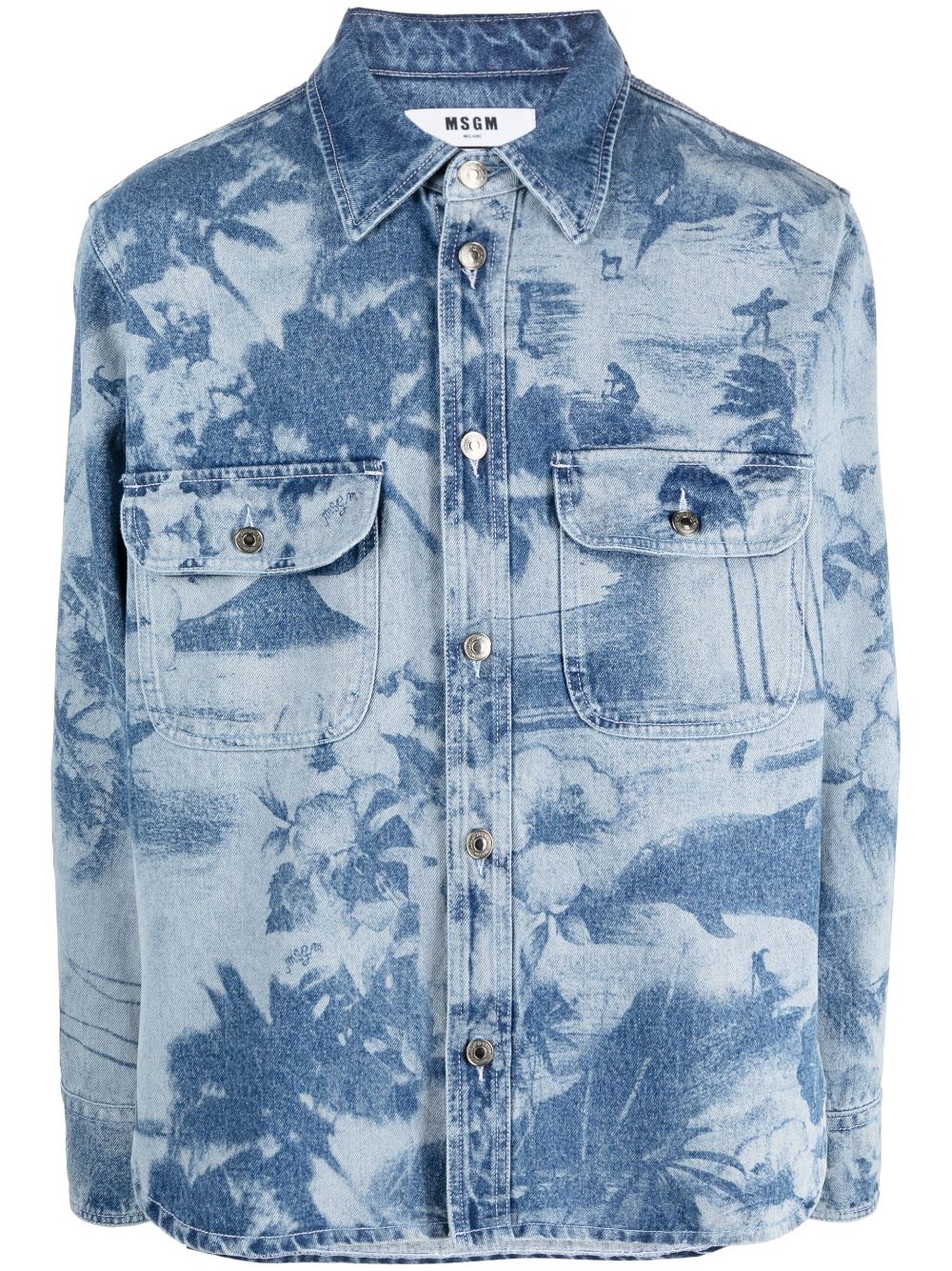 Shop Msgm Palm Tree-print Cotton Shirt In Blue