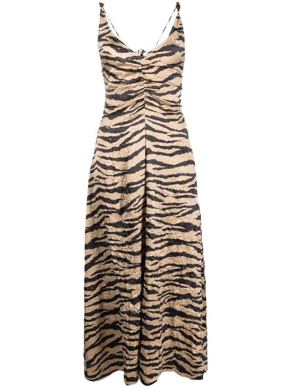 Shop Ganni Tiger-print Satin Midi Dress In Neutrals