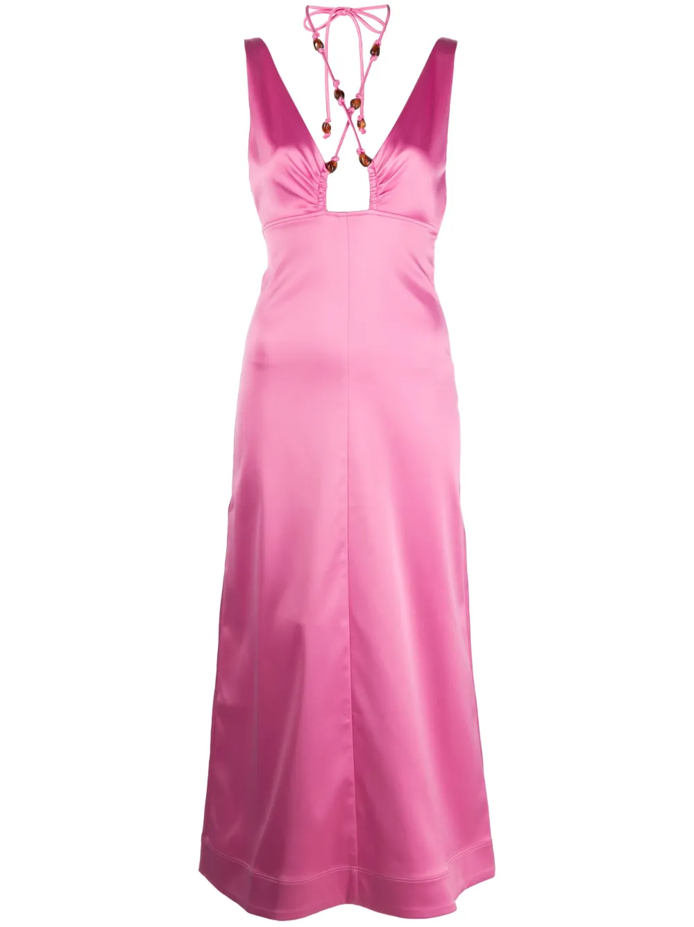 Ganni Double Satin Beaded Stretch Recycled-polyester Midi Dress In Pink