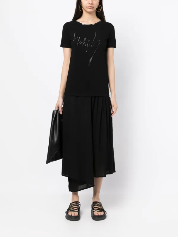 Yohji yamamoto アートプリント ブラックカットソー Yohji Yamamoto illustration-print logo-embroidered T-shirt | Black