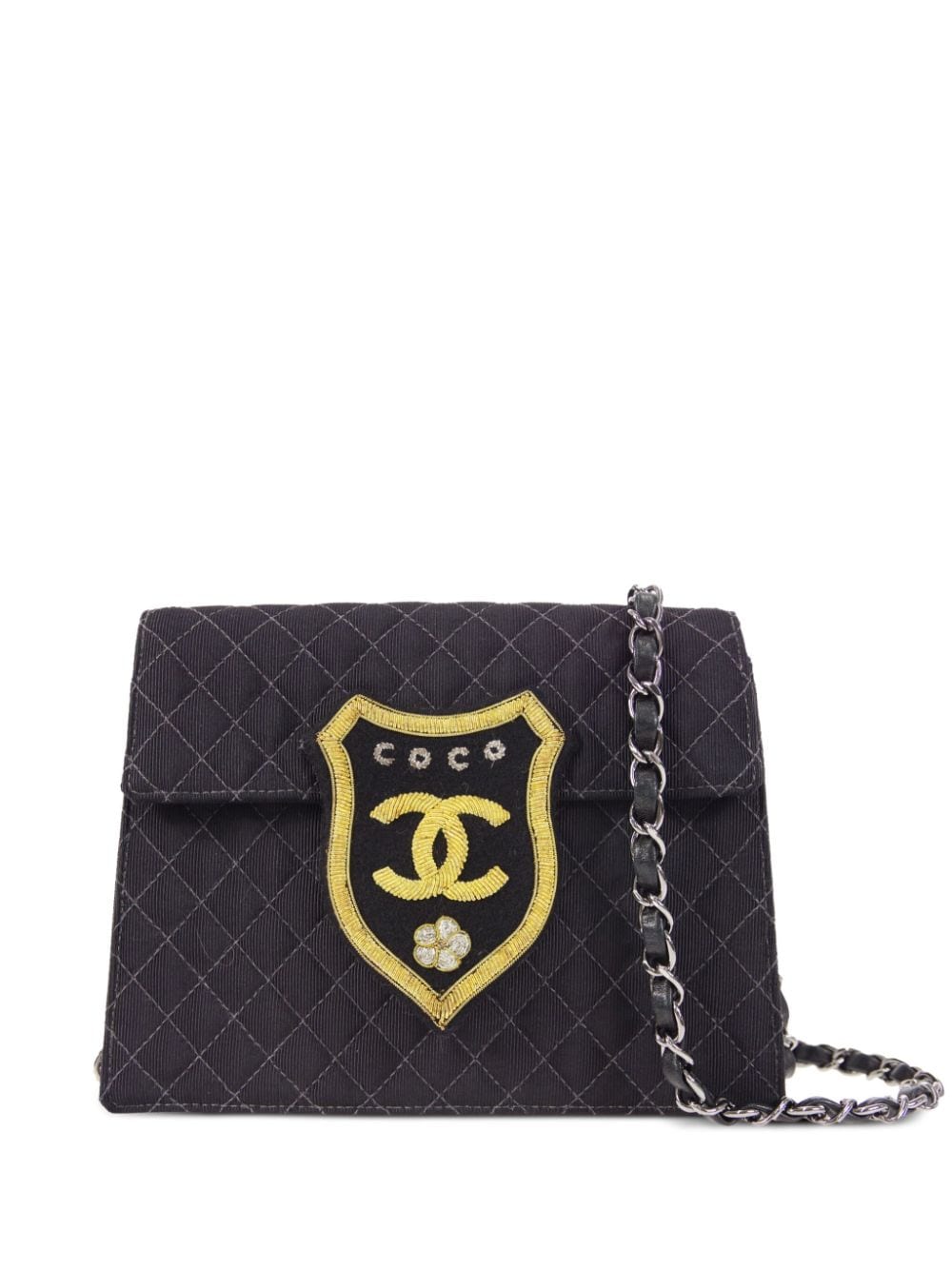 Pre-owned Chanel 2005 Emblem-patch Denim Shoulder Bag In Black