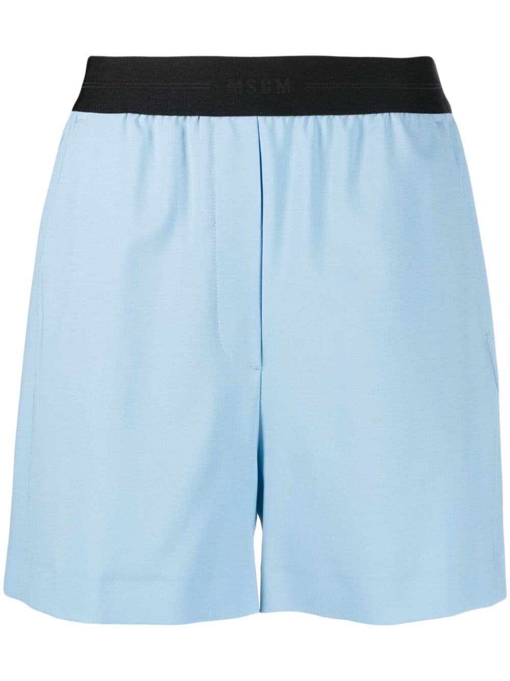 Shop Msgm Stretch-wool Logo-waistband Shorts In Blau