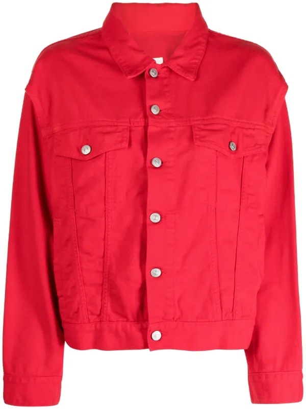 Long red denim store jacket