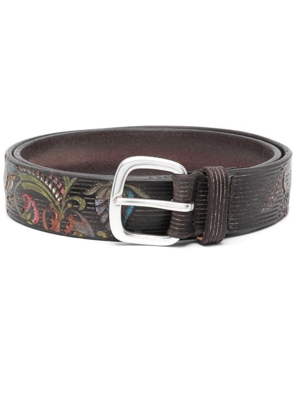 Embroidered brown leather belt