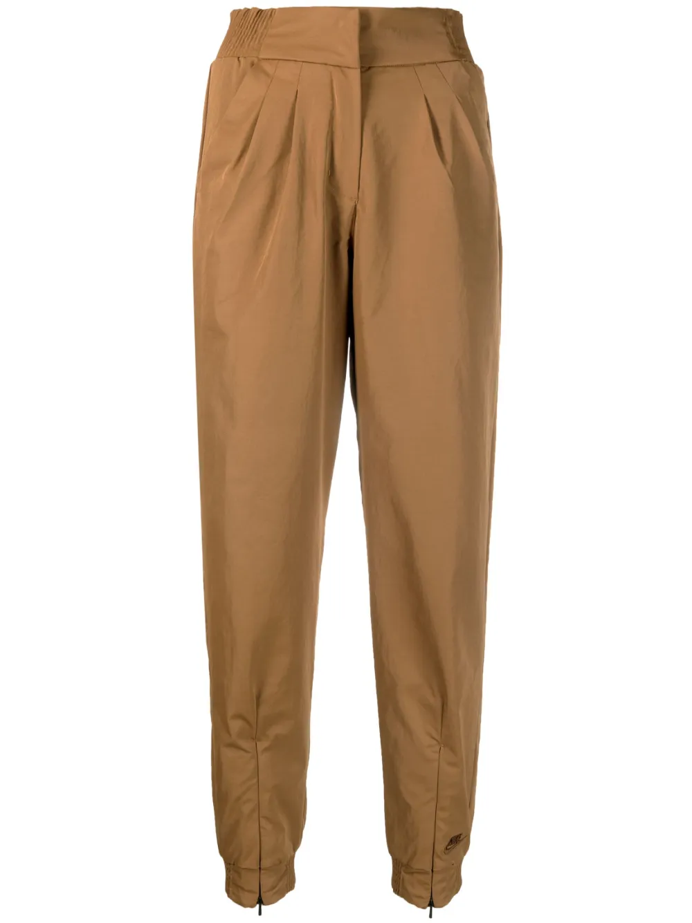 Nike Logo-embroidered Pleated High-waisted Trousers In Braun
