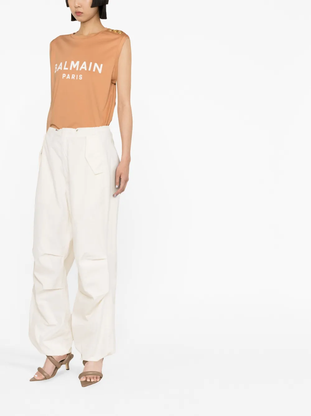 Balmain Logo-print Button-embellished Top In Nude