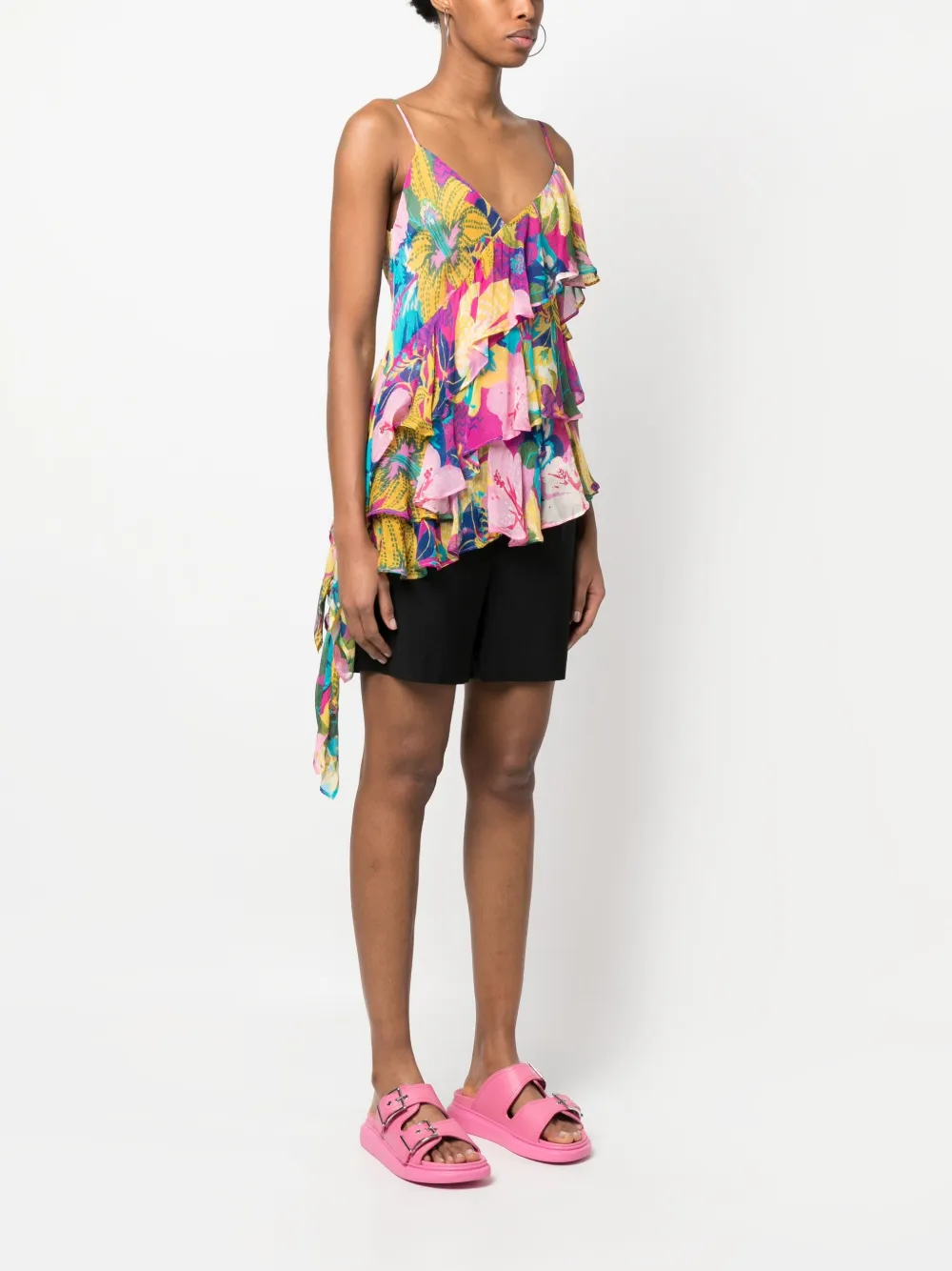 Shop Msgm Floral-print Draped Tank Top In Blue