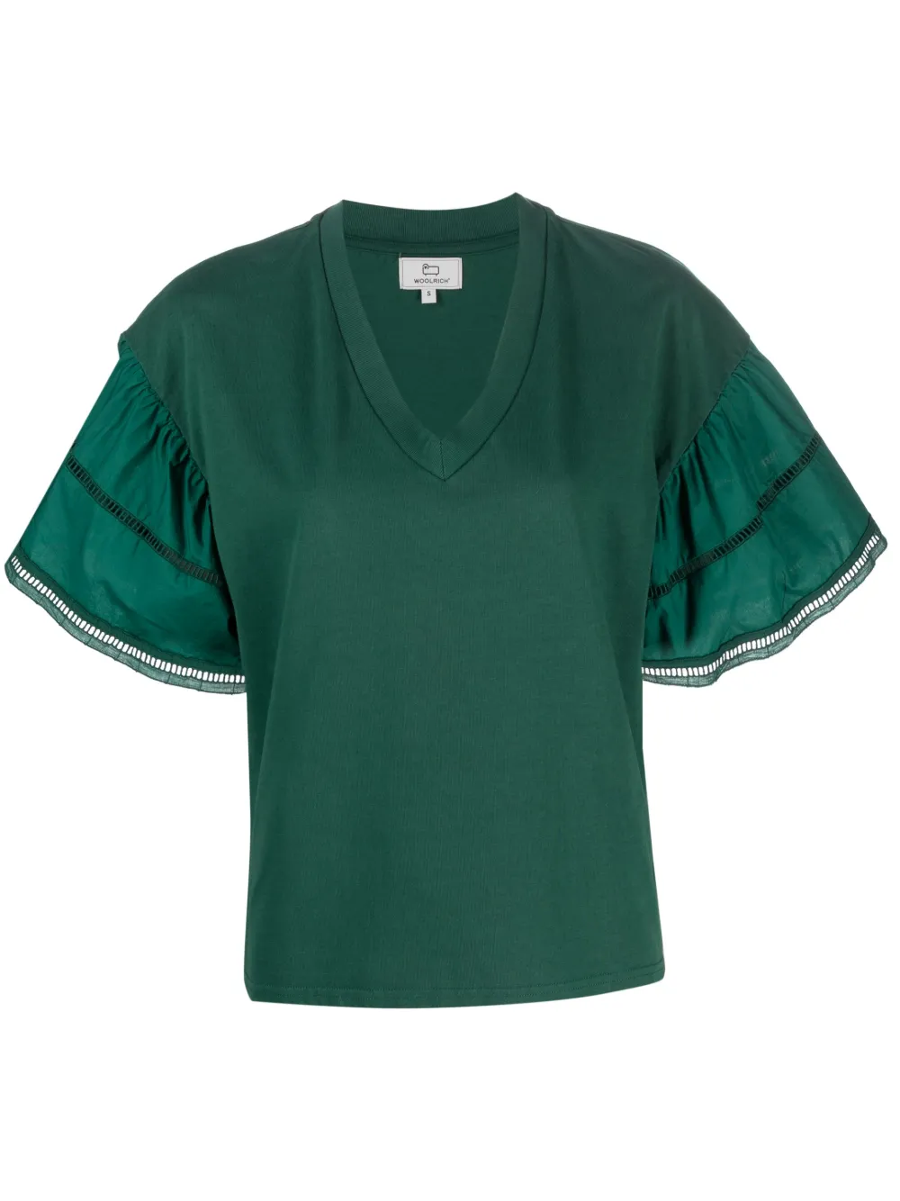 Woolrich Ruffled-sleeve V-neck T-shirt In Evergreen