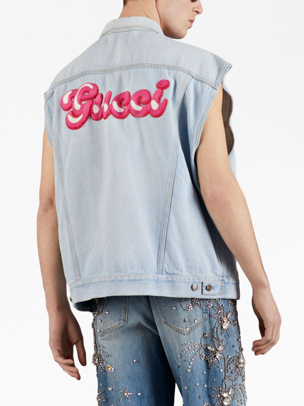 Shop Gucci Logo Appliqué Denim Vest In Blau