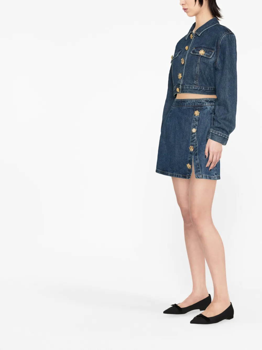 Self Portrait Cropped Denim Jacket With Diamanté Buttons In Blue Modesens 6807