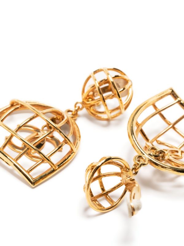 Chanel Pre-owned 1993 CC Birdcage Dangle Clip-On Earrings - Gold