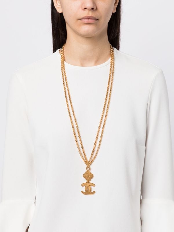 CHANEL Crystal Double Chain CC Necklace Gold 192621