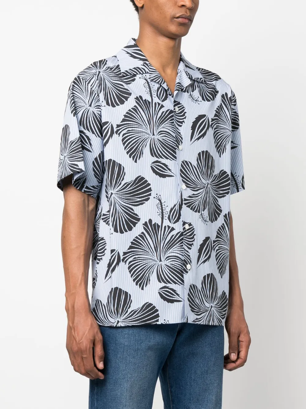 Msgm Hibiscus Print Abowling Shirt In Blue